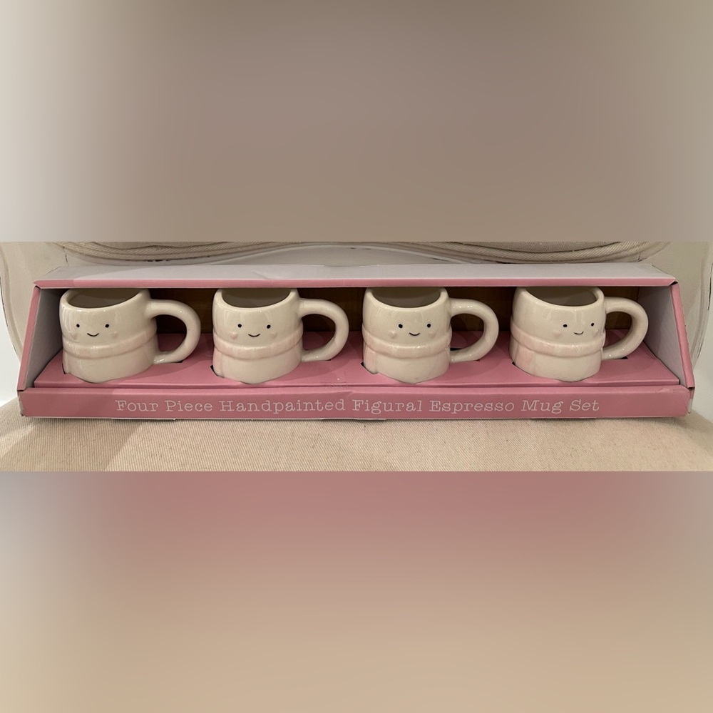 Ivory & Pink Snowman Handpainted Figural Winter Espresso Mug Set - NWT